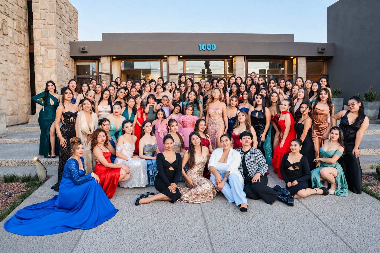 Las alumnas de Gallers, de Kids a Adultos, con vestidos de gala en la escalinata del salón