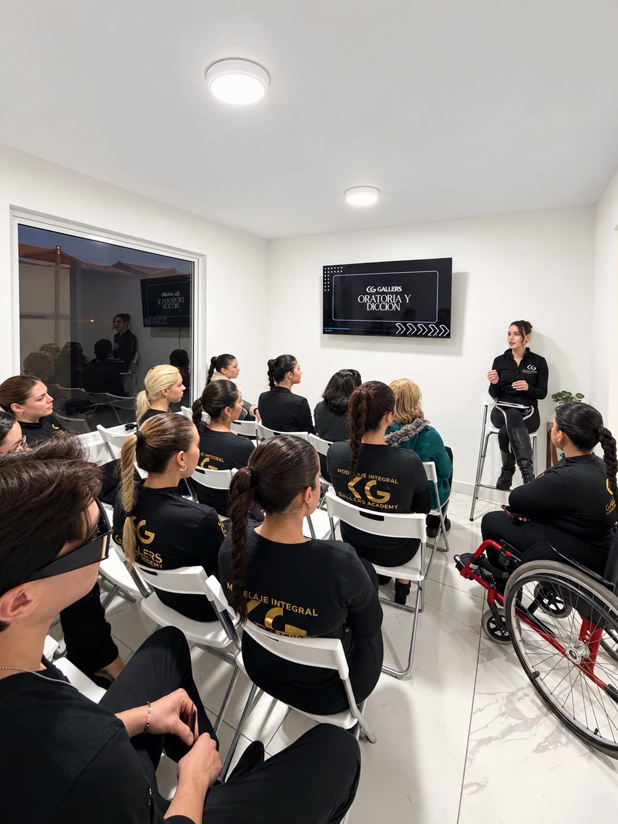 Alumnas de Gallers en la clase de oratoria y dicción frente a la profesora