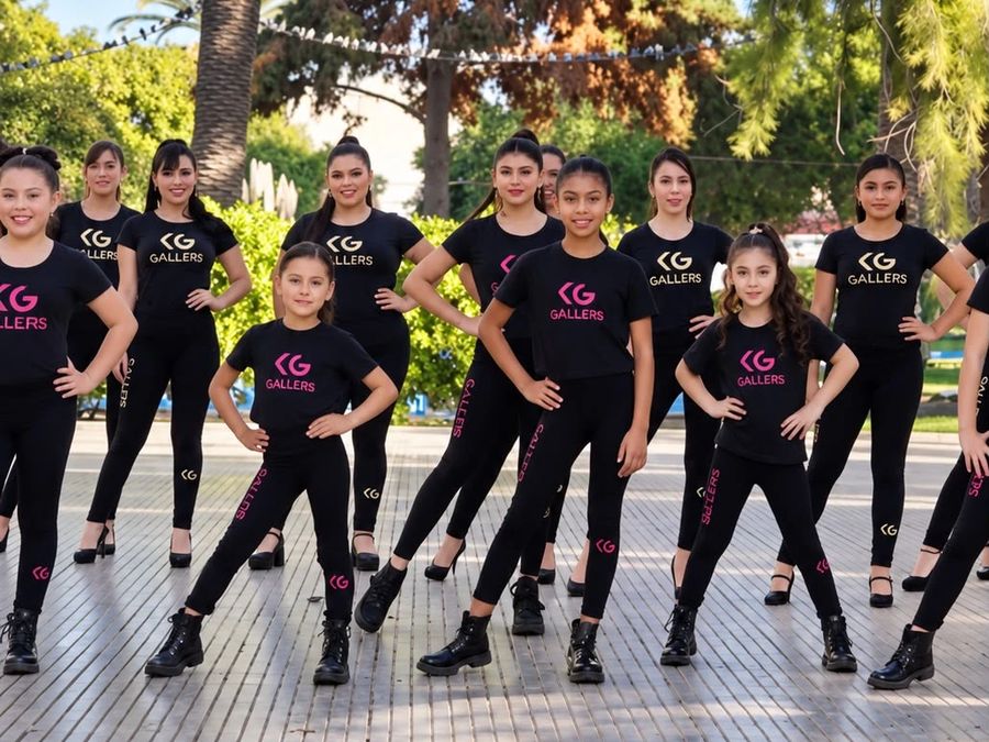 Alumnas de Gallers con la polera de la academia, posando en una plaza con palmeras